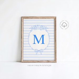 Letra M imprimible, regalo para bebé niño, arte de pared para habitación infantil, póster inicial de estilo vintage, arte de pared marfil y azul, arte de letras del alfabeto, decoración de guardería M