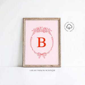 Letra B imprimible, regalo para niña, arte de pared para habitación infantil, póster inicial de estilo vintage, arte de pared rosa y rojo, arte de letras del alfabeto, decoración de guardería B