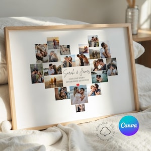 Horizontal Photo Collage Template Heart Shape Photo Poster Landscape Photo Anniversary Gift Valentines Day Photo Gift Collage Printable DIY