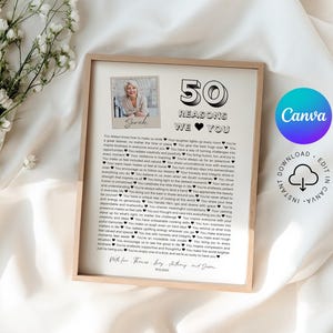 50 motivi per cui ti amiamo Modello 50 motivi per cui ti amiamo Poster stampabile Regalo per il 50° compleanno Foto ricordo modificabile per il 50° compleanno