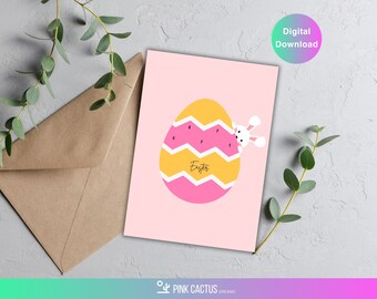 Happy Easter printable greeting card, 5x7",  featuring Egg and hiding bunny, Digital Download, PDF Template for US-Letter size, JPG Image