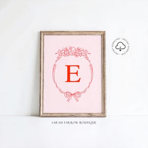 Letra E imprimible, regalo para niña, arte de pared para habitación infantil, póster inicial de estilo vintage, arte de pared rosa y rojo, arte con letras del alfabeto, decoración para guardería E