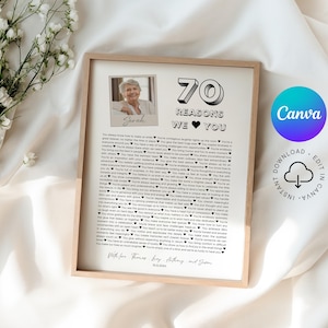 70 Reasons We Love You Template 70 Reasons We Love You Poster Printable 70th Birthday Gift Editable 70th Birthday Photo Keepsake Gift