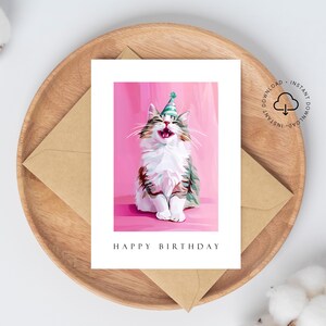 Gato fofo Feliz Aniversário Cartão para impressão Cartão de aniversário artístico Cartão de felicitações com arte moderna Cartão para download Cartão de aniversário exclusivo 5 x 7 pol. HB34
