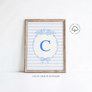 Letra C imprimible, regalo para bebé niño, arte de pared para habitación infantil, póster inicial de estilo vintage, arte de pared marfil y azul, arte de letras del alfabeto, decoración de guardería C
