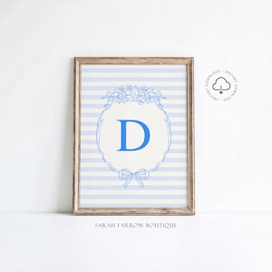 Letra D imprimible, regalo para bebé niño, arte de pared para habitación infantil, póster inicial de estilo vintage, arte de pared marfil y azul, arte de letras del alfabeto, decoración de guardería D