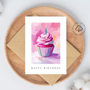 Cupcake Feliz Aniversário Cartão Imprimível Cartão de Aniversário Artístico Cartão de Felicitações com Arte Moderna Cartão para Download Cartão de Aniversário Único 5 x 7 pol HB50