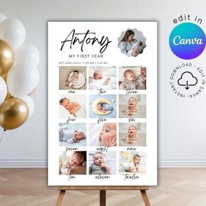 Plantilla de foto personalizable para hitos de bebé Letrero de cumpleaños Tablero de fotos editable para hitos de primer año Póster personalizable para el primer cumpleaños
