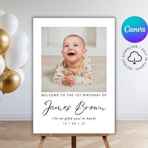 Photo Birthday Welcome Sign Template Minimal Birthday Welcome Poster with Photo Gender Neutral Editable Party Sign Kid Birthday Entry Poster