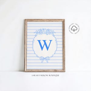 Letra W imprimible, regalo para bebé niño, arte de pared para habitación infantil, póster inicial de estilo vintage, arte de pared marfil y azul, arte de letras del alfabeto, decoración de guardería W