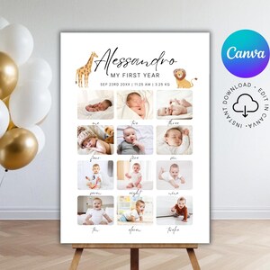 1st Birthday Milestone Sign Template Editable First Year Photo Poster Printable Safari 1st Birthday Milestone Board Photo Milestone Template