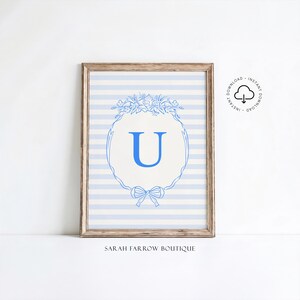 Letra U imprimible, regalo para bebé niño, arte de pared para habitación infantil, póster inicial de estilo vintage, arte de pared marfil y azul, arte de letras del alfabeto, decoración de guardería U