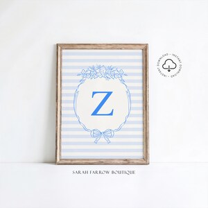 Letra Z imprimible, regalo para bebé niño, arte de pared para habitación infantil, póster inicial de estilo vintage, arte de pared marfil y azul, arte de letras del alfabeto, decoración de guardería Z