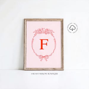 Póster imprimible con la letra F, regalo para niña, arte de pared para habitación infantil, estilo vintage, letras del alfabeto rosa y rojo, decoración infantil, arte con la letra F
