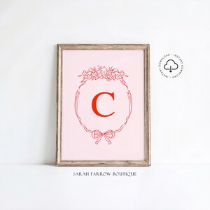 Letra C imprimible, regalo para niña, arte de pared para habitación infantil, póster inicial de estilo vintage, arte de pared rosa y rojo, arte de letras del alfabeto, decoración de guardería C