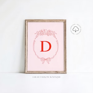 Letra D imprimible, regalo para niña, arte de pared para habitación infantil, póster inicial de estilo vintage, arte de pared rosa y rojo, arte de letras del alfabeto, decoración de guardería D