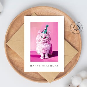 Gato fofo Feliz Aniversário Cartão para impressão Cartão de aniversário artístico Cartão de felicitações com arte moderna Cartão para download Cartão de aniversário exclusivo 5 x 7 pol. HB38