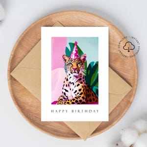 Cartão de feliz aniversário para impressão, cartão de aniversário artístico, cartão de felicitações com arte moderna, cartão de aniversário para download, leopardo com chapéu de festa, 5 x 7 pol. HB26