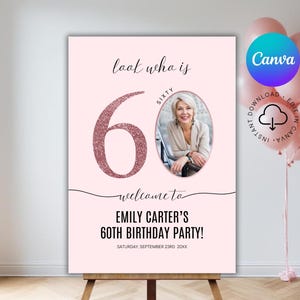 Pink 60th Birthday Welcome Sign Template Editable Photo Birthday Welcome Poster Look Who&#39;s 60 Printable Feminine Birthday Party Welcome Sign