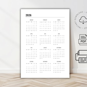 2026 Printable Calendar One Page Yearly Calendar 2026 Year At A Glance Calendar A4, Letter Size Year Calendar 12 months PDF Download