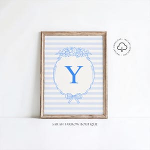 Letra Y imprimible, regalo para bebé niño, arte de pared para habitación infantil, póster inicial de estilo vintage, arte de pared marfil y azul, arte de letras del alfabeto, decoración de guardería Y