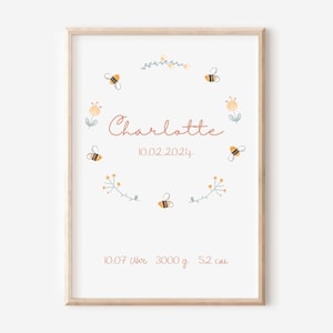Geburtsposter Bienchen | DIN A5 A4 A3 | 20x30 | 30x40 | Geschenkidee Geburt Mädchen | personalisiertes Geburtsbild Geburtstafel Namensschild