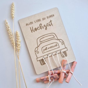 Geldgeschenk zur Hochzeit | Hochzeitsgeschenk Wunscherfüller Flitterwochen Gutschein Geschenkidee | Holzkarte graviert | just married Auto