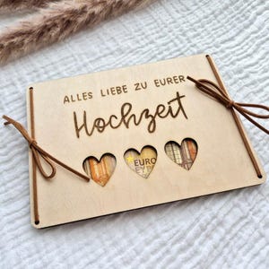 Geldgeschenk zur Hochzeit | Hochzeitsgeschenk Wunscherfüller Flitterwochen Gutschein Geschenkidee | Holzkarte graviert | veganes Lederband