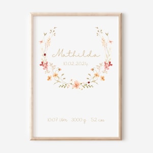 Geburtsposter personalisiert mit Name und Geburtsdaten | DIN A3 A4 A5 | Geschenk zur Geburt Taufe Geburtstag | floral boho | Wildblumen