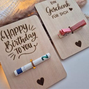 Geldgeschenkkarte aus Holz | Wunscherfüller Geldgeschenk Holzkarte graviert personalisierbar | Hochzeit Geburtstag Geschenkidee Kleinigkeit