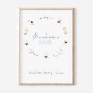 Geburtsposter Bienchen | DIN A5 A4 A3 | 20x30 | 30x40 | Geschenkidee Geburt Junge | personalisiertes Geburtsbild Geburtstafel Namensschild