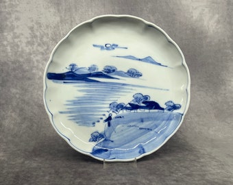 Japanese Porcelain Dinner Plate, Antique Blue & White Hand Painted Plate