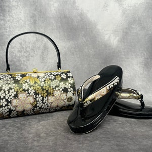 Sac Zanmai haut de gamme Furisode avec sandales Zori assorties, ensemble luxueux. Accessoires de kimono japonais vintage / Ensemble vêtement de cérémonie, chaussures et sac