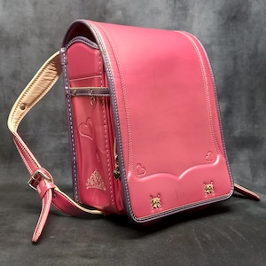 Sac à dos Randoseru, rose métallisé avec bordure violette Sac Randoseru japonais à coutures serrées, cartable rose
