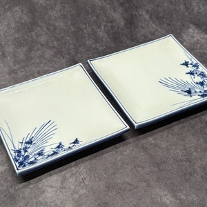 Pair of Japanese Porcelain Sushi Plates / Dishes Vintage Blue & White Hand Painted Dishes, c1970’s