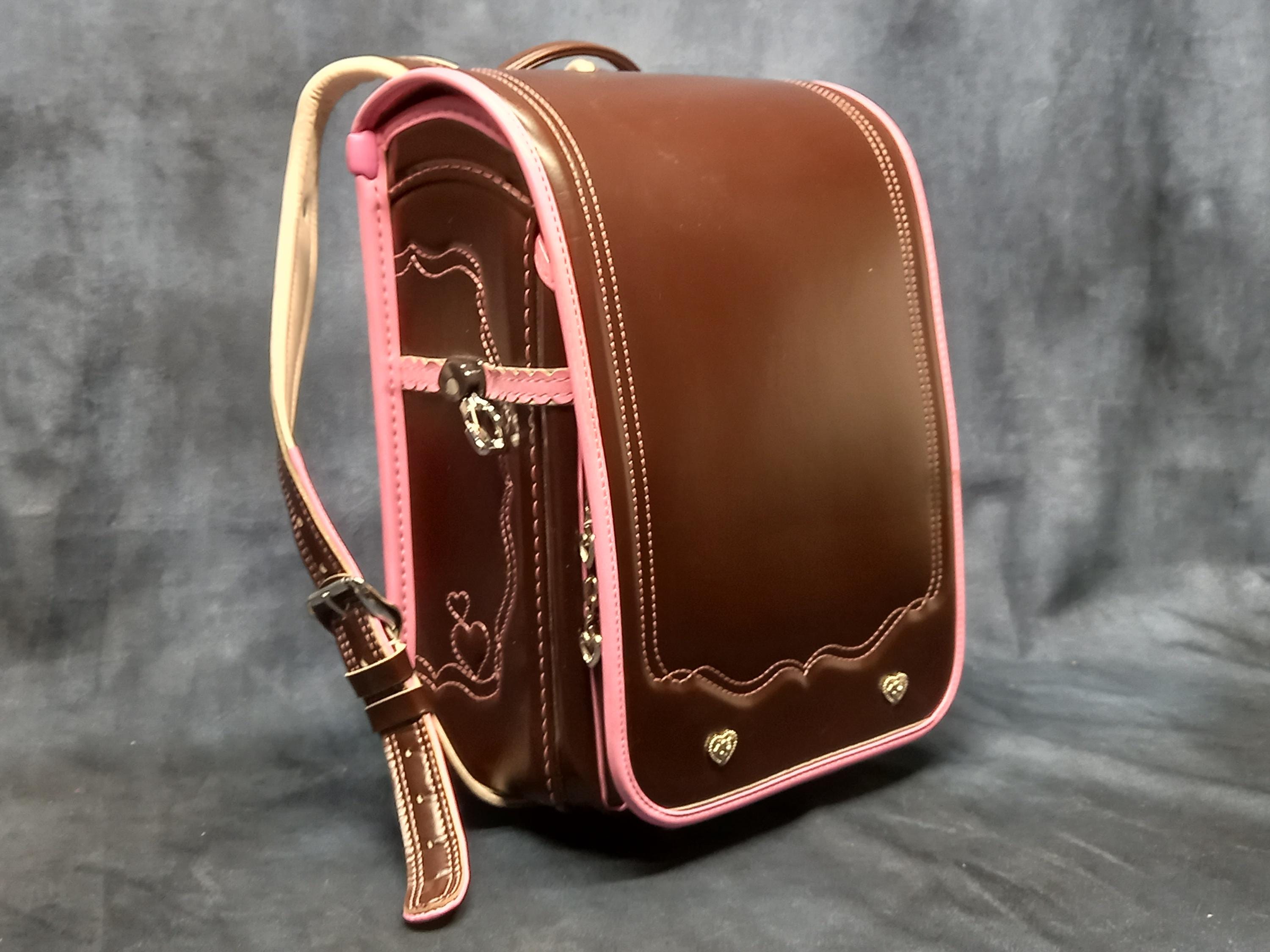 Randoseru Backpack, Brown With Pink Trim Japanese Tight Stitch