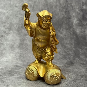 Japanese Daikoku-Sama God 24k GP Buddha Statue Figurine Lucky Wealth Fortune, Heavy Metal Statue