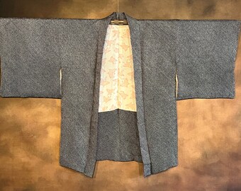 Japanese Shibori Haori Kimono, Black on White Silk Lined, Kimono Robe Vintage Kimono Jacket Shobori (Tie Dye)