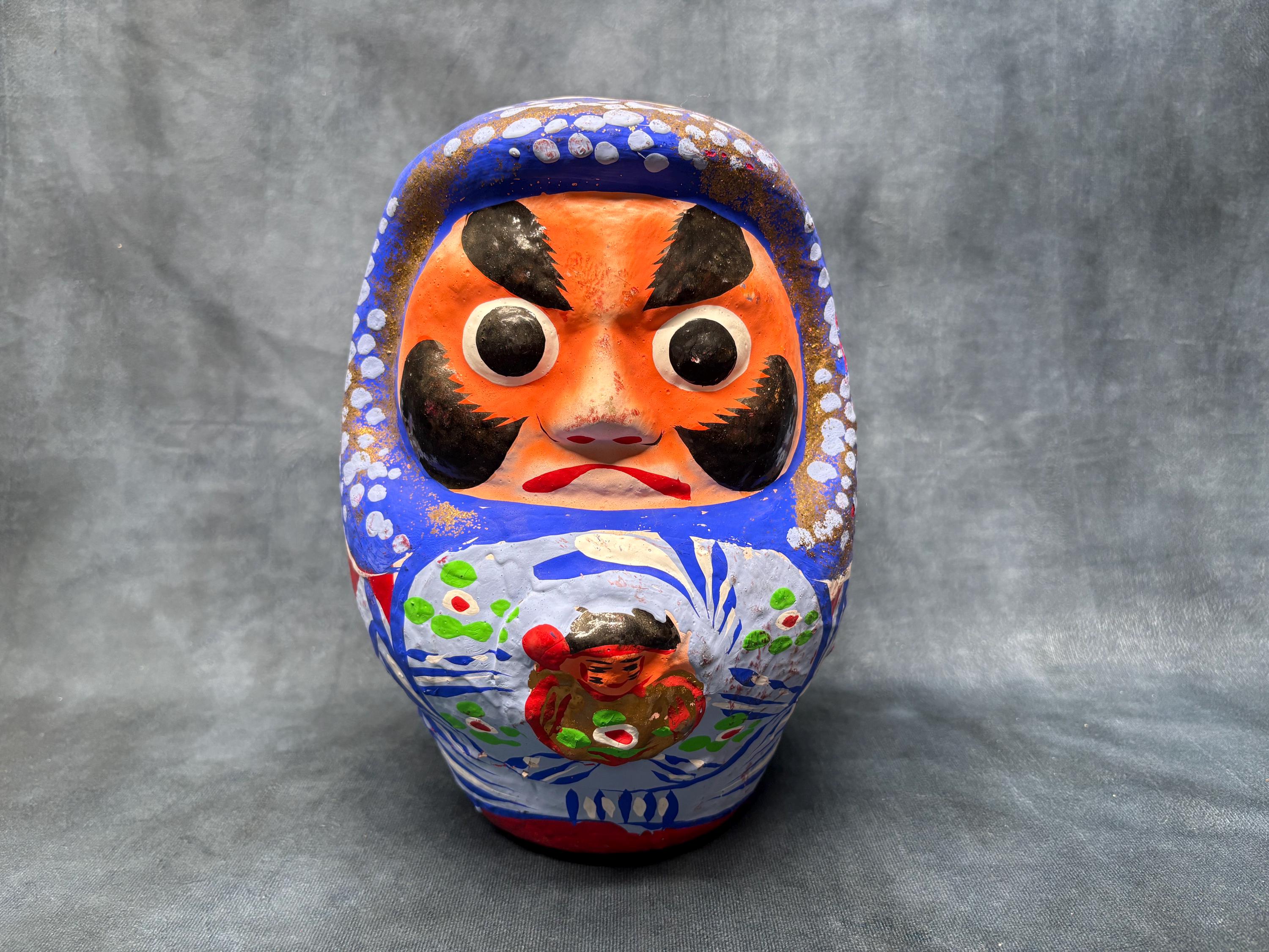Large Daruma Doll, Paper Mache Figure, Hand Painted Japanese Folk Art, Ceramic Base 26cm