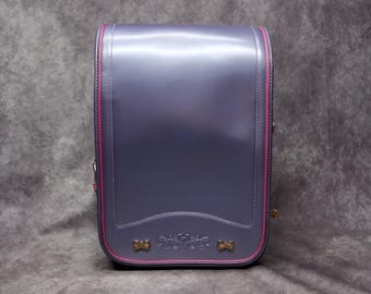 Randoseru Backpack, Metallic Purple with Pink Trim Japanese Tight Stitch Randoseru Bag, Purple Japanese School Bag