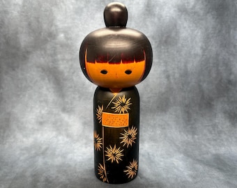 Large Vintage Japanese Kokeshi Doll by Miyoshi – Hand-Painted Creative Kokeshi, Black & Red Floral Kimono, Mid-Century Japan
