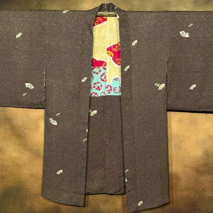 Japanese Haori Kimono, Red Green And Yellow Splash Mottled Pattern Silk Lined Kimono Robe Vintage Kimono Jacket