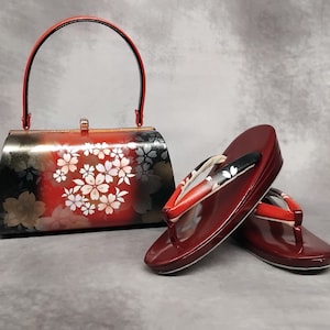Sac Zanmai haut de gamme Furisode avec sandales Zori assorties, ensemble luxueux. Accessoires de kimono japonais vintage / Ensemble vêtement de cérémonie, chaussures et sac