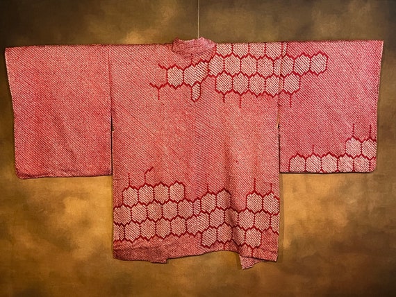 Japanese Shibori Haori Kimono, Bright Red on Whit… - image 9
