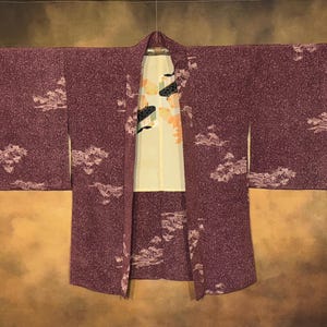 Japanese Haori Kimono, Garnet Red Botanical Silk Lined Kimono Robe, Vintage Kimono Jacket