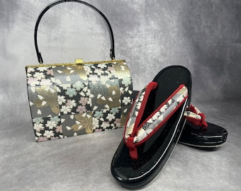 Premium Zanmai Furisode Bag With Matching Zori Sandals Set Luxury. Vintage Japanese Kimono Accessories / Formal Ware, Shoes and Bag Set