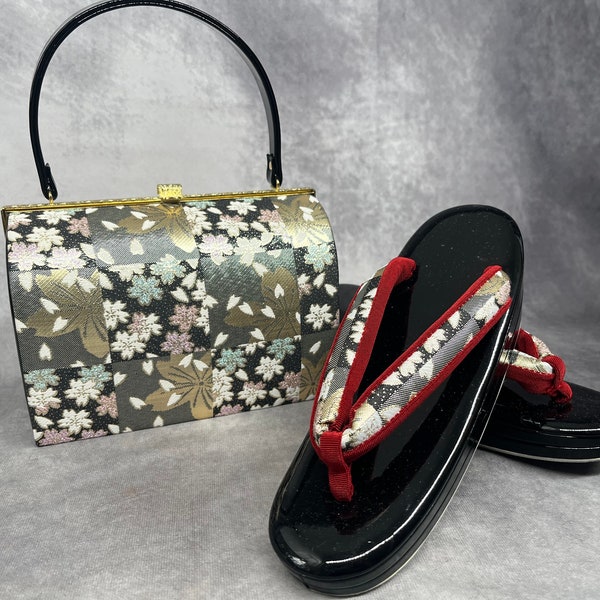 Premium Zanmai Furisode Bag With Matching Zori Sandals Set Luxury. Vintage Japanese Kimono Accessories / Formal Ware, Shoes and Bag Set