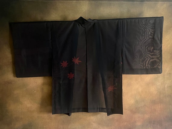 Japanese Haori Kimono, Black Seethrough Red Leaf … - image 10