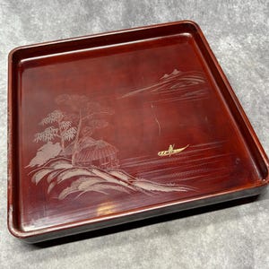 Large Engraved Lacquer Tray Vintage Japanese Lacquered Tray, Tea Tray, Dinner Tray, Serving Tray 36.5cm square