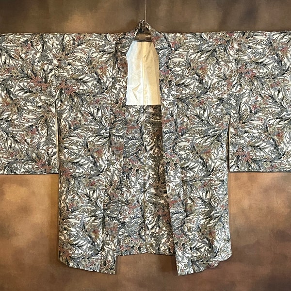 Japanese Haori Kimono, Botanical Pattern Silk Lined Kimono Robe Vintage Kimono Jacket